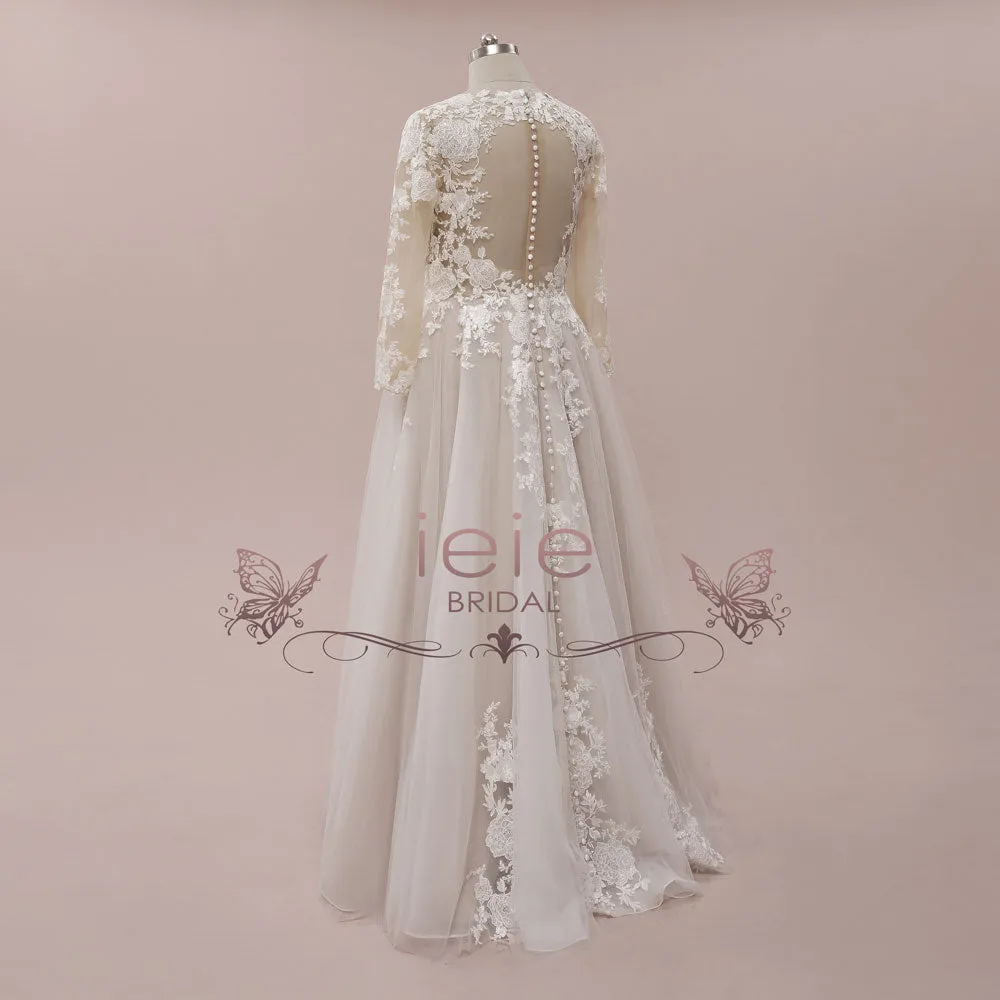Boho Lace Wedding Dress with Long Sleeves and Illusion Back | ELANA