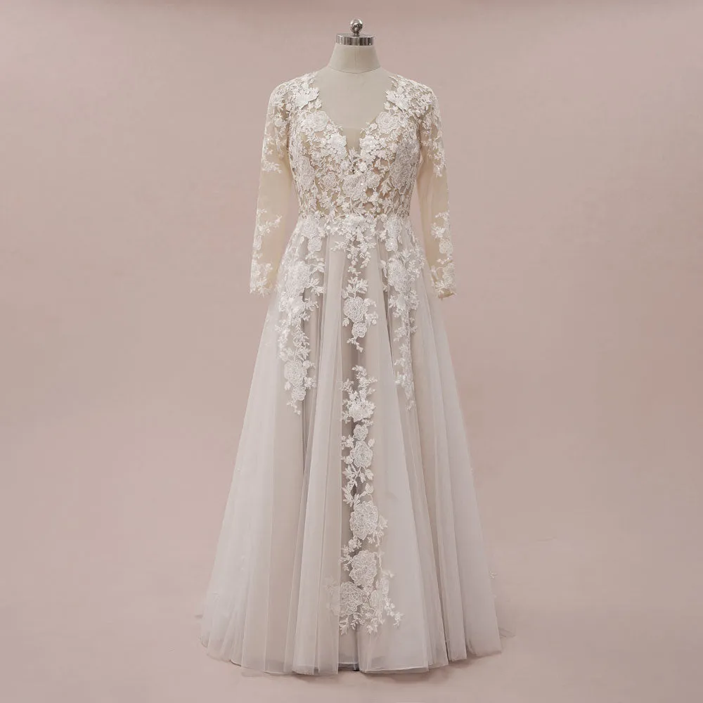 Boho Lace Wedding Dress with Long Sleeves and Illusion Back | ELANA