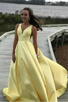 Evening Dresses A Line V Neck Prom Dresses Satin Backless Lace