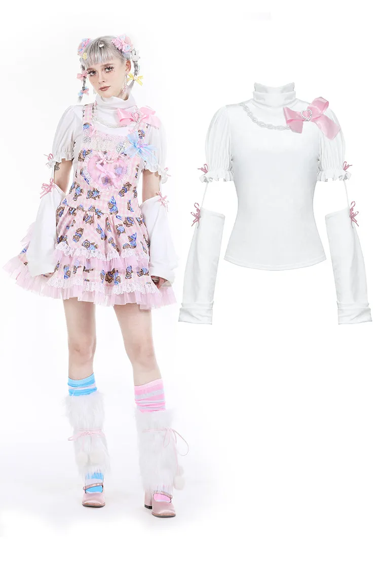 Innocent girl broken arm sleeve pink bow white tops TW575