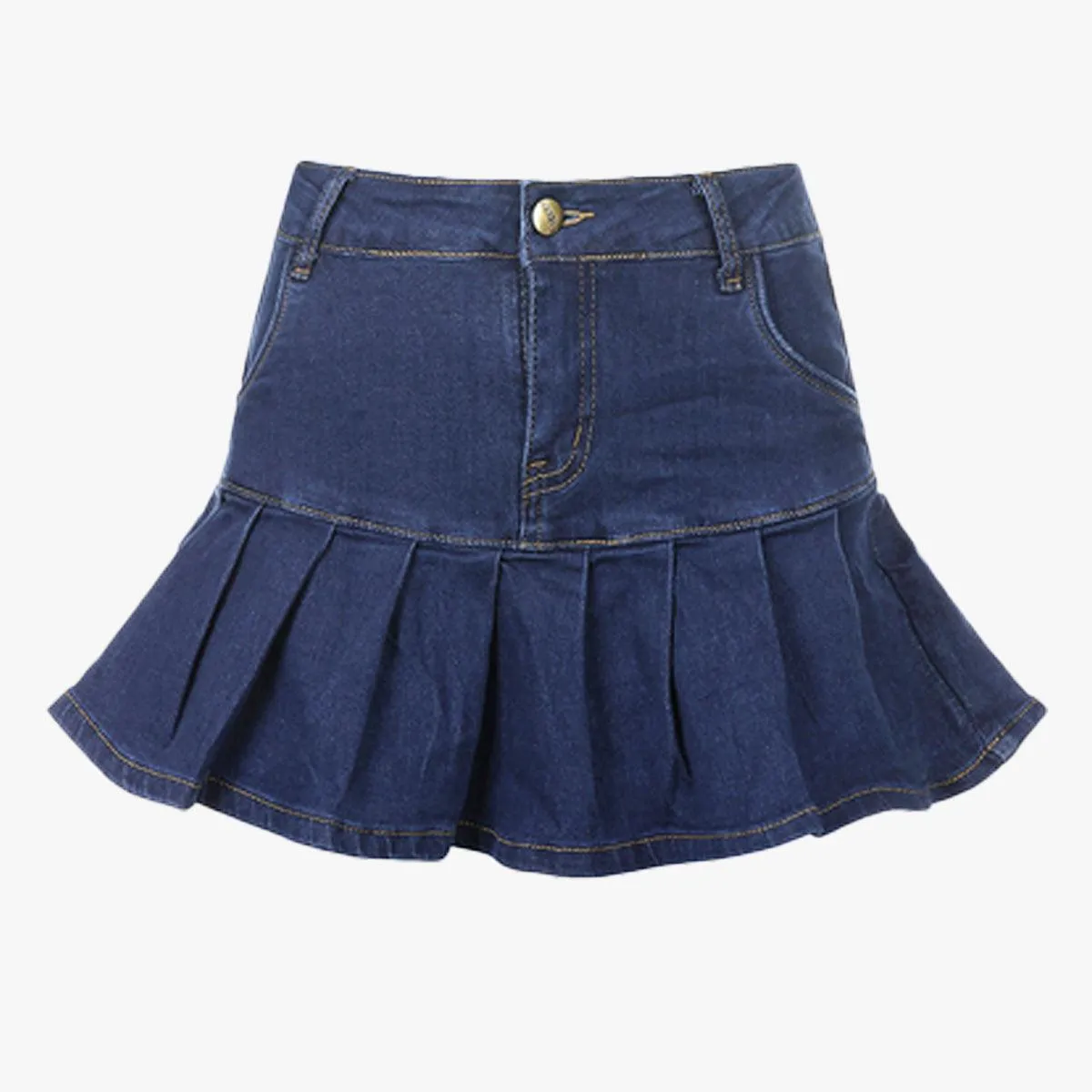 Retro Pleated Dark Blue Denim Skirt