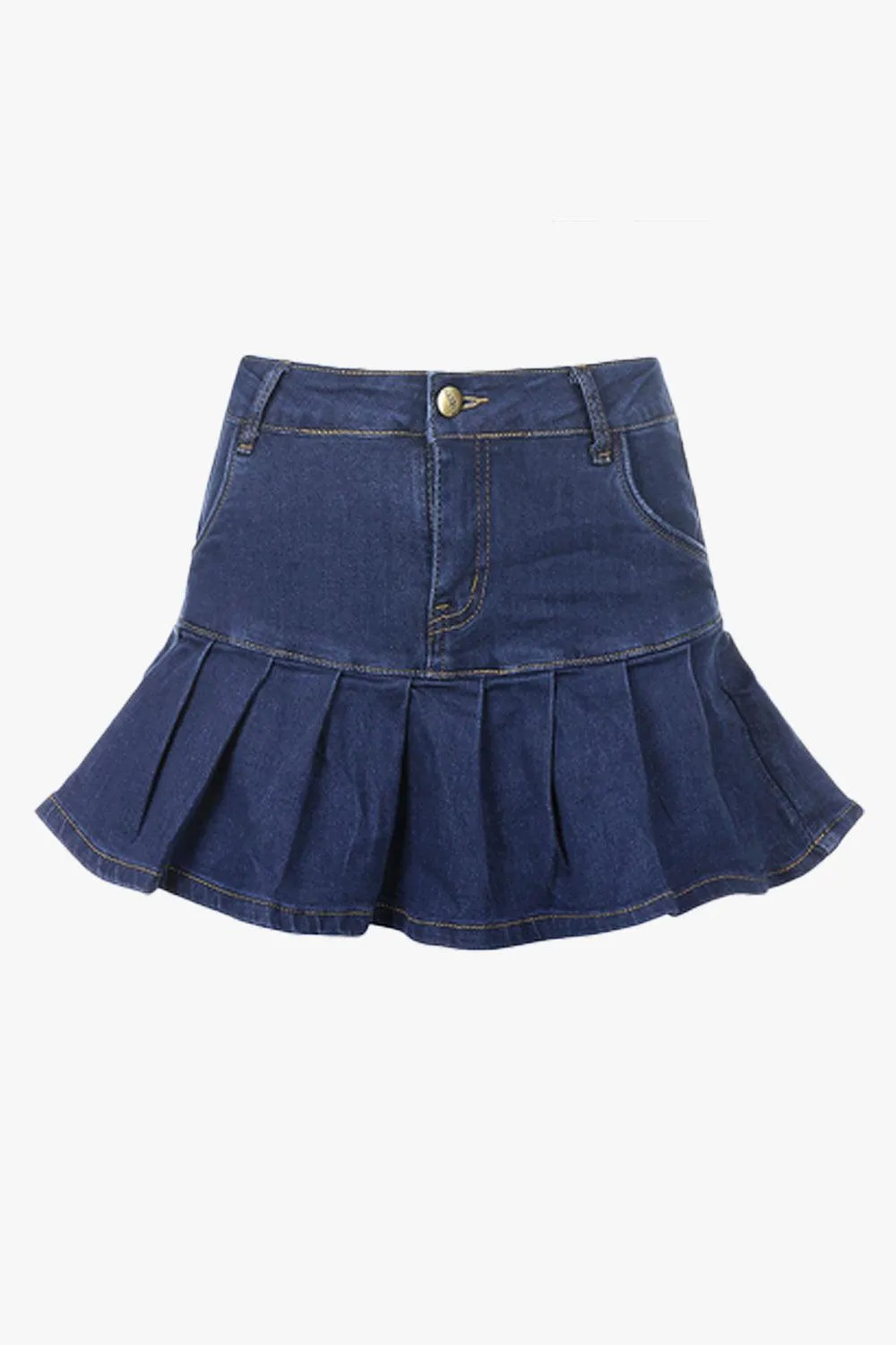 Retro Pleated Dark Blue Denim Skirt