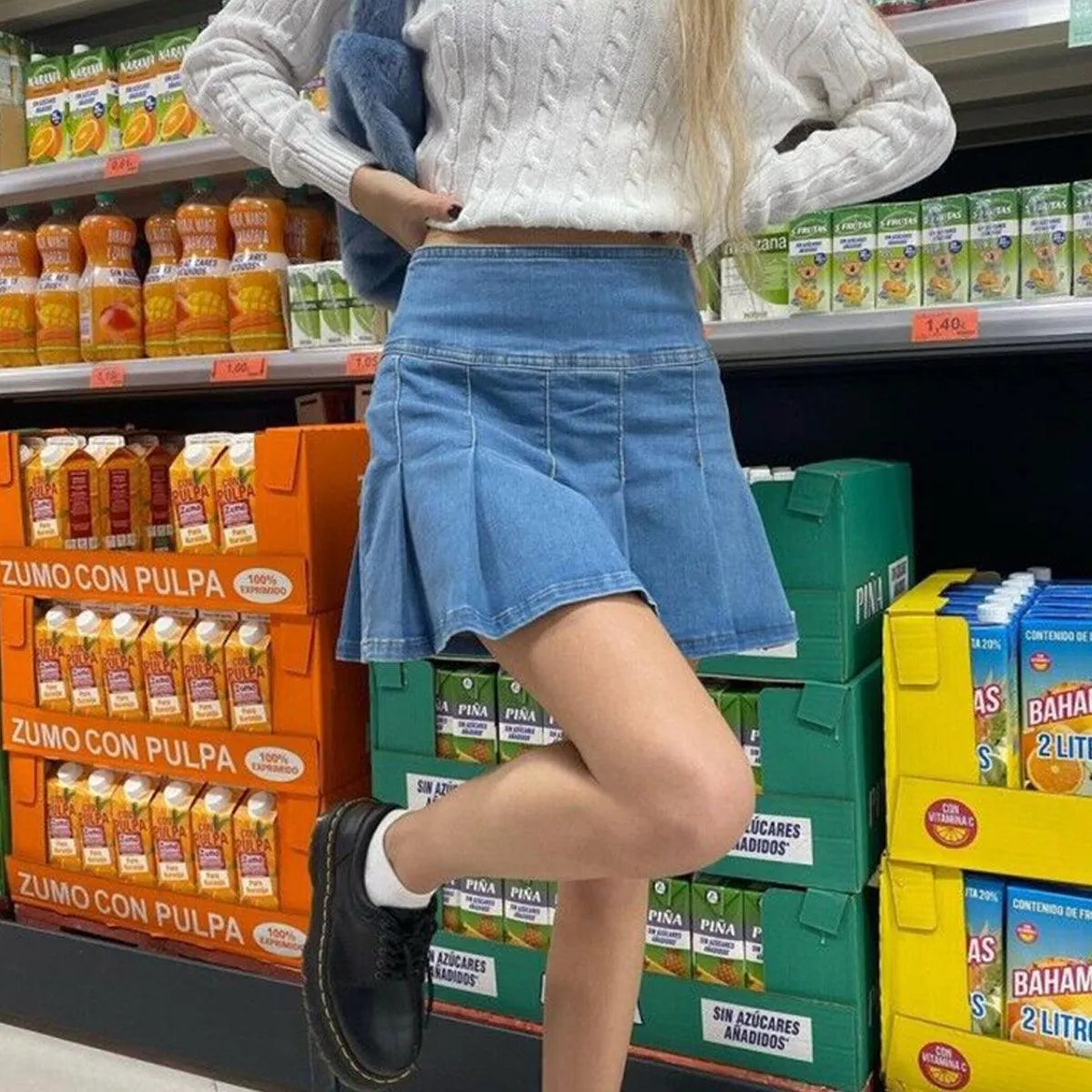 Retro Pleated High Waist Denim Skirt
