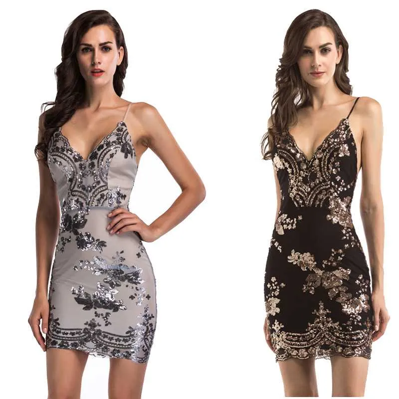 Sparkly Glitter Floral Embellished Spaghetti Plunge Sequin Dress